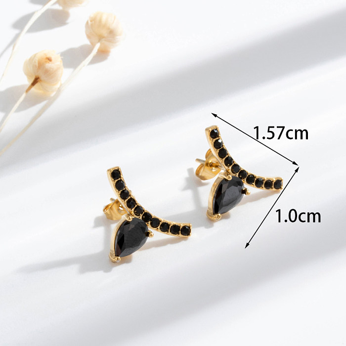1 paire de boucles d'oreilles en forme de cœur, Style français Simple, Style coréen, incrustation en acier inoxydable, Zircon plaqué or 18 carats