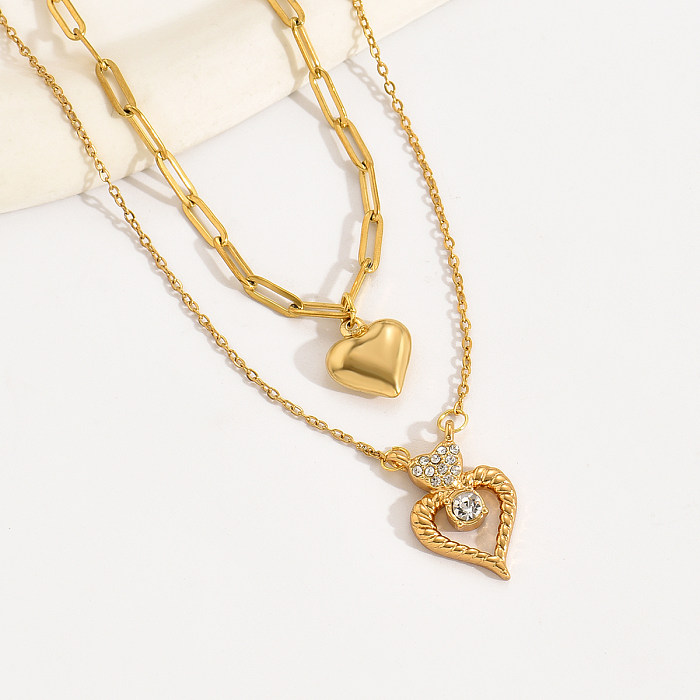 Casual Simple Style Swan Heart Shape Stainless Steel  Plating Inlay Rhinestones 18K Gold Plated Layered Necklaces