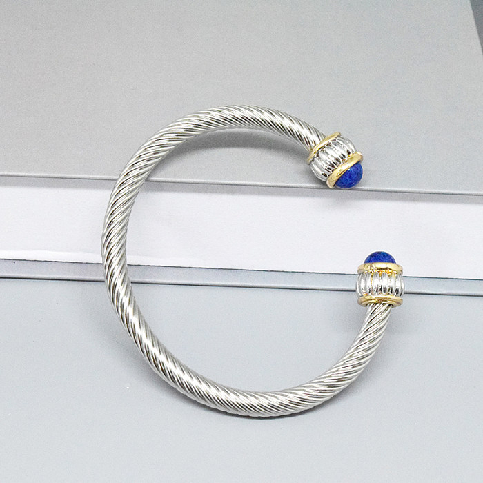 Retro C-förmiges Edelstahl-Inlay-Naturstein-Perlenarmband mit gedrehtem Kabel