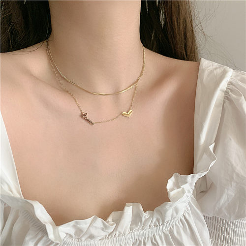 Coreano aço inoxidável banhado a ouro dupla camada com letras de amor curto clavícula corrente colar atacado jóias