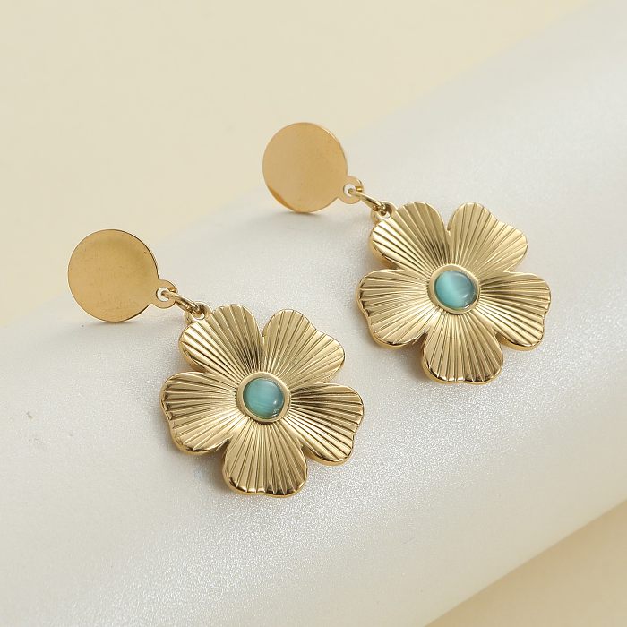 1 Pair Elegant Flower Inlay Stainless Steel  Turquoise Drop Earrings