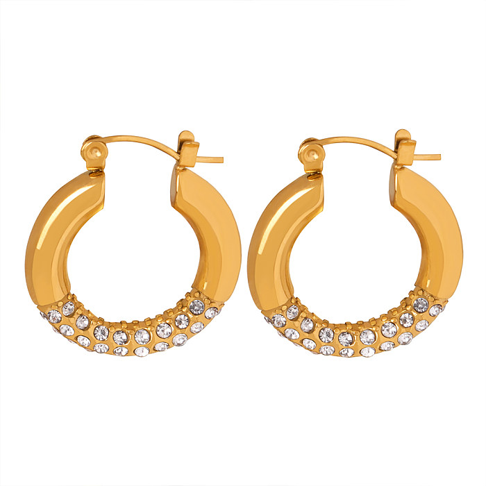 1 Pair Simple Style Shiny Circle Plating Inlay Stainless Steel Rhinestones 18K Gold Plated Earrings