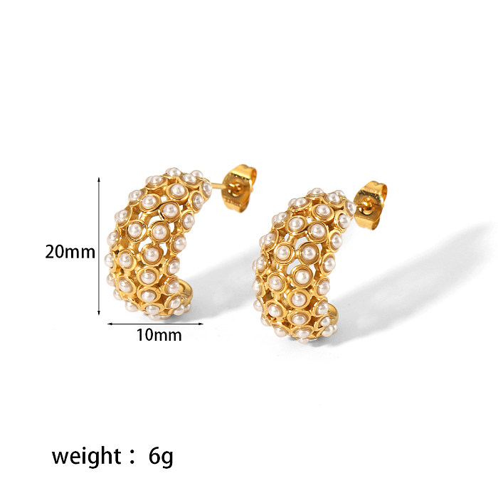 1 Pair Elegant Glam C Shape Polishing Plating Inlay Stainless Steel  Pearl Zircon 18K Gold Plated Ear Studs