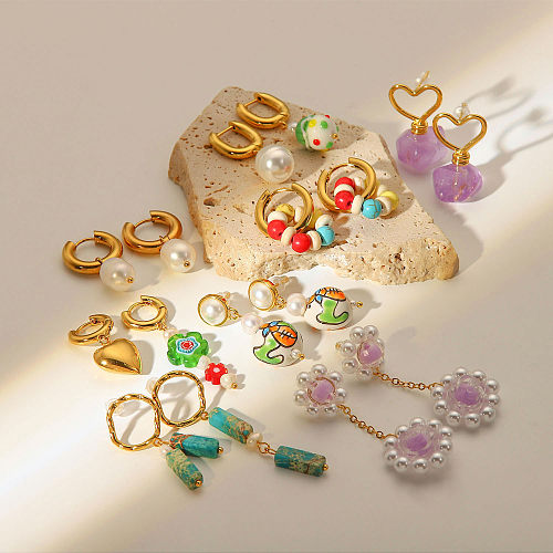 Pendientes colgantes de piedra y corazón de perla de acero inoxidable chapados en oro de 18 quilates con nuevo estilo de moda