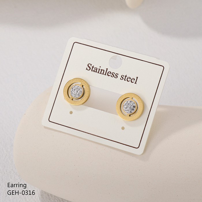 1 paire de clous d'oreilles en acier inoxydable, incrustation ronde de Style Simple rétro, strass, plaqué or Rose, plaqué or et argent