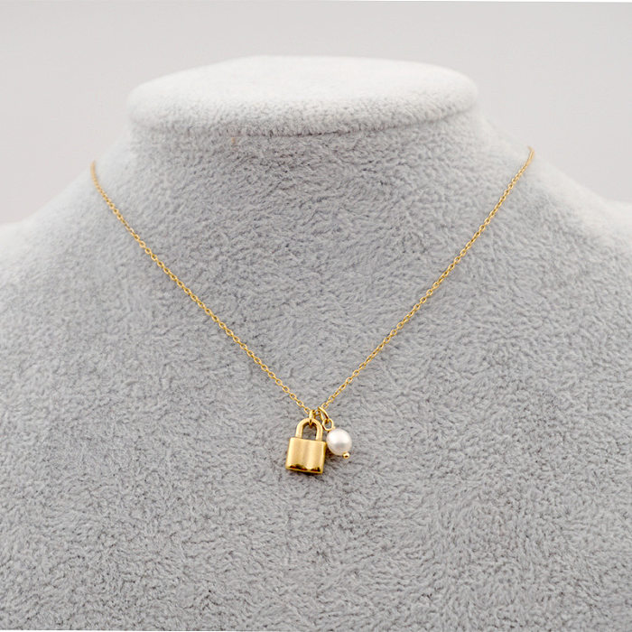 Collier avec pendentif en perles en acier inoxydable, style simple, serrure en forme de cœur, 1 pièce