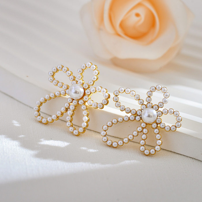 1 Pair Lady Korean Style Flower Inlay Stainless Steel  Pearl Ear Studs