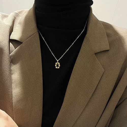 IG Style Square Stainless Steel Plating Inlay Artificial Gemstones 18K Gold Plated Pendant Necklace