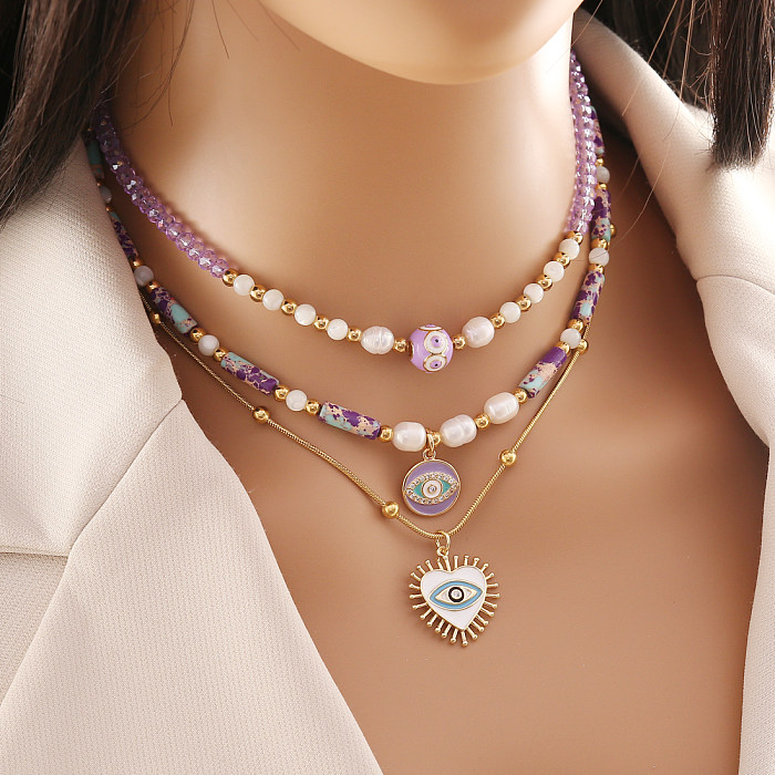 Collier bohème en forme de cœur, 1 pièce, œil en acier inoxydable, pierre naturelle, placage de perles