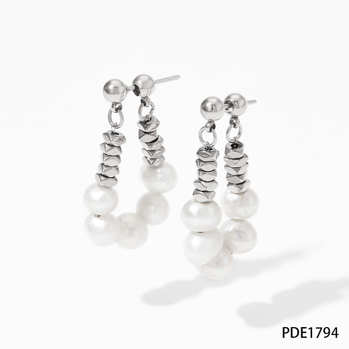 1 Paar Damen-Ohrringe aus Edelstahl mit U-förmigen Perlen und Süßwasserperlen