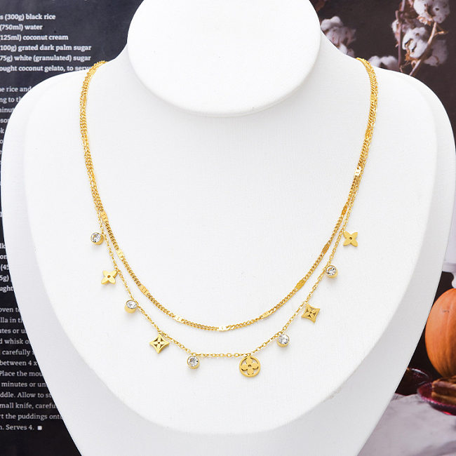 Fashion Four Leaf Clover Stainless Steel Inlay Zircon Layered Necklaces 1 Piece