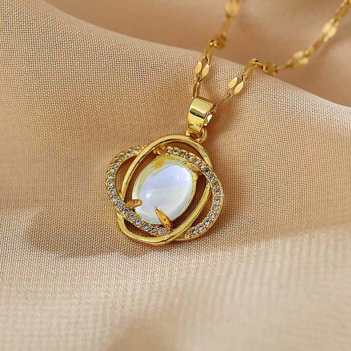 Elegant Round Stainless Steel Copper Plating Inlay Zircon Gold Plated Pendant Necklace
