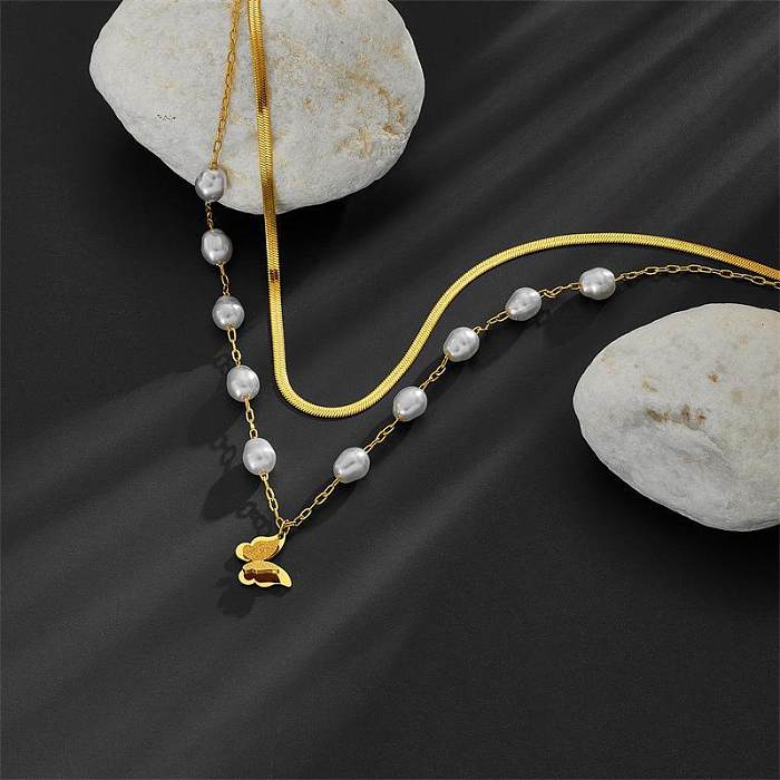 Sweet Butterfly Artificial Pearl Stainless Steel Beaded Plating Layered Necklaces