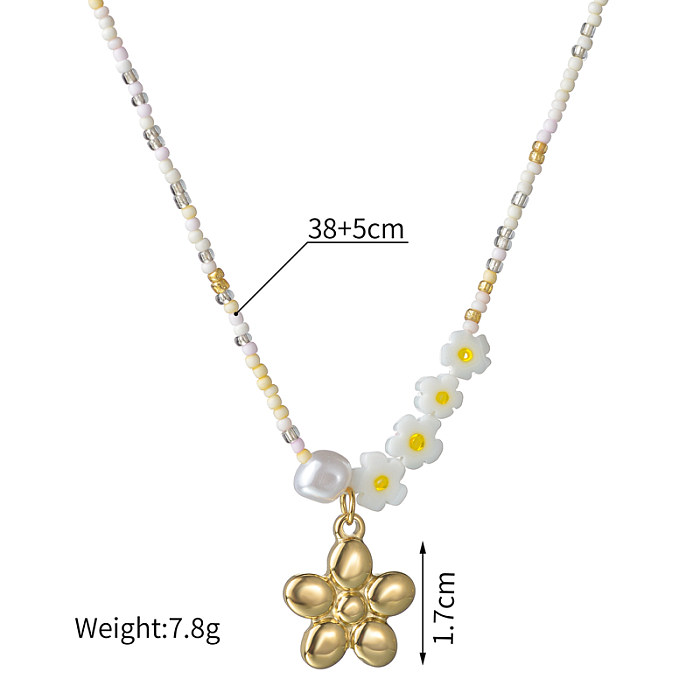Shiny Flower Stainless Steel  Beaded Plating 18K Gold Plated Pendant Necklace