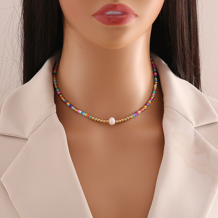 Casual Bohemian Multicolor Stainless Steel  Artificial Pearl Seed Bead Beaded Handmade Necklace