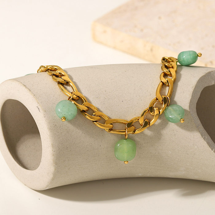 Pingente de borla de pedra natural verde vintage pulseira de aço inoxidável banhada a ouro 18K