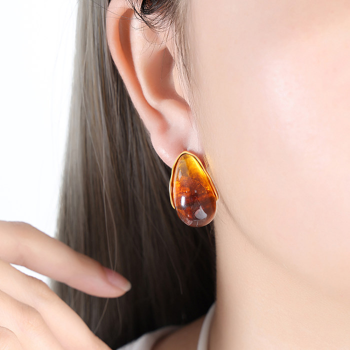 1 Pair French Style Romantic Water Droplets Plating Inlay Stainless Steel Resin 18K Gold Plated Ear Studs