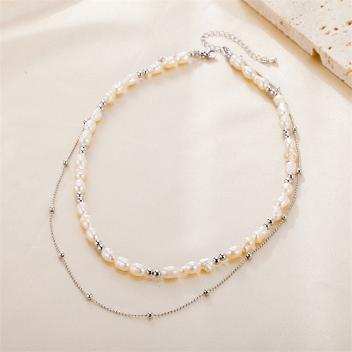 Süße, einfarbige, doppellagige Halsketten aus Edelstahl im Feen-Stil, handgefertigt mit Perlen