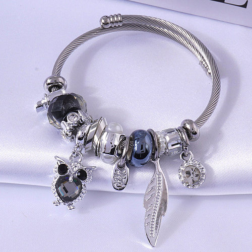 Lady Animal Stainless Steel Inlay Artificial Crystal Cuff Bracelets