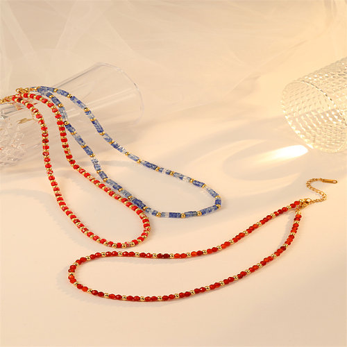 Vacation Classic Style Geometric Stainless Steel  Stone Beaded Necklace