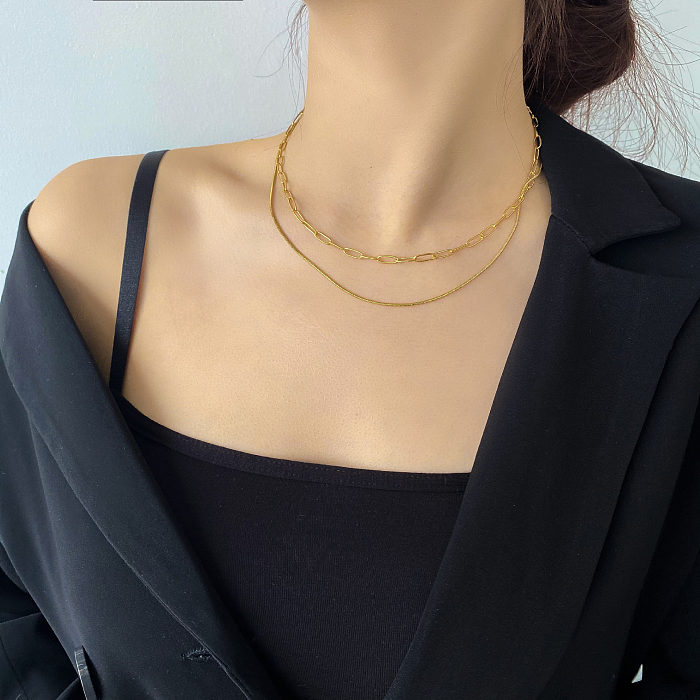 Simple Style Solid Color Stainless Steel Double Layer Necklaces In Bulk