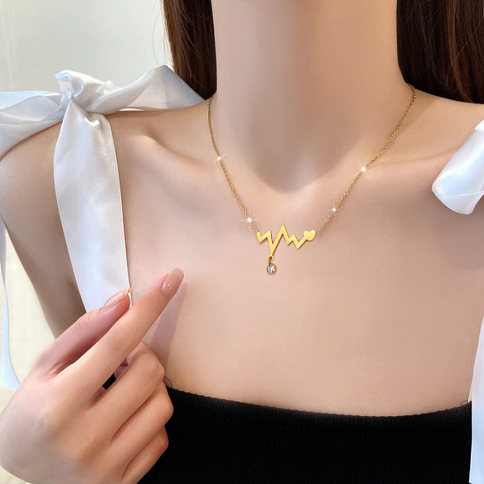 Modern Style Simple Style Commute Electrocardiogram Stainless Steel Plating Inlay Artificial Gemstones Gold Plated Pendant Necklace
