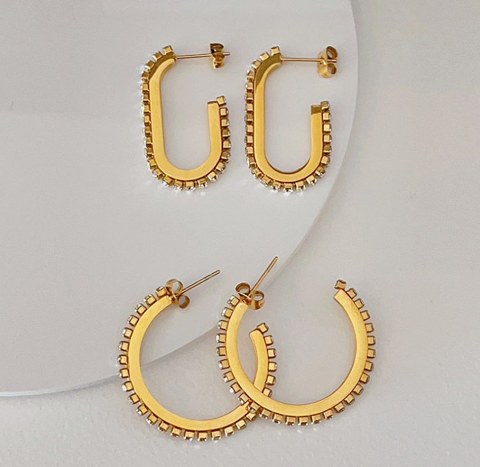 1 Pair Retro C Shape Geometric Stainless Steel Inlay Zircon Earrings