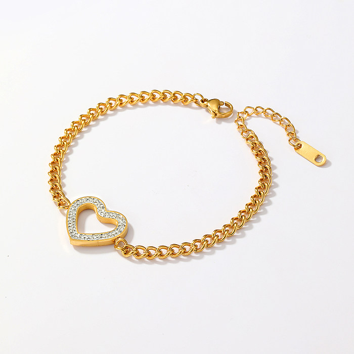 Bracelets en diamant artificiel plaqué or 18 carats, élégants en forme de cœur rond en acier inoxydable, vente en gros