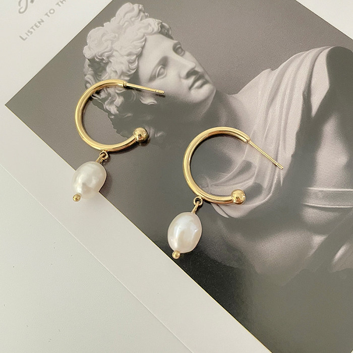 1 Pair Sweet Simple Style Round Tassel Plating Stainless Steel  Freshwater Pearl 14K Gold Plated Drop Earrings