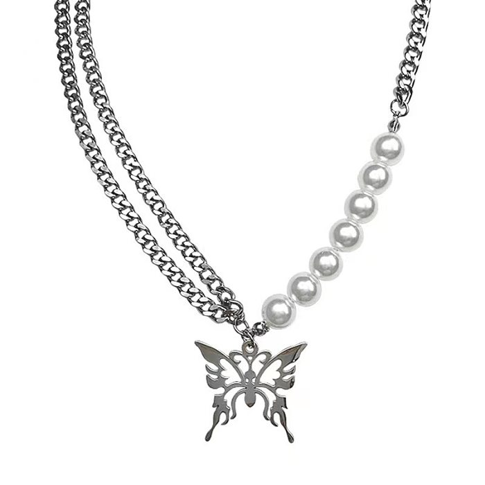 Collier pendentif en acier inoxydable avec perles artificielles papillon hip-hop