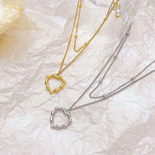 Estilo simples forma de coração chapeamento de aço inoxidável oco branco banhado a ouro colares de camada dupla banhados a ouro