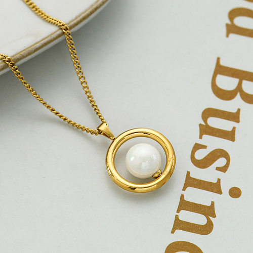 Fashion Round Stainless Steel Inlay Pearl Pendant Necklace 1 Piece