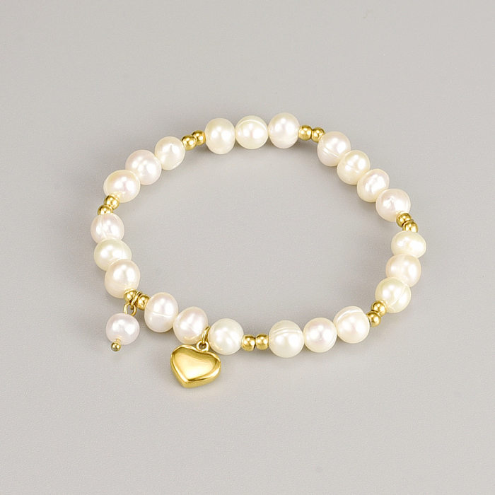 Vintage Style 18K Gold Plated Titanium Steel Round Pearl Heart Pendant Bracelet