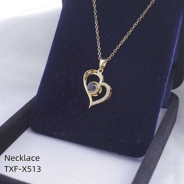 Romantic Simple Style Bulb Heart Shape Eye Stainless Steel  Plating Hollow Out Inlay Rhinestones Gold Plated Necklace