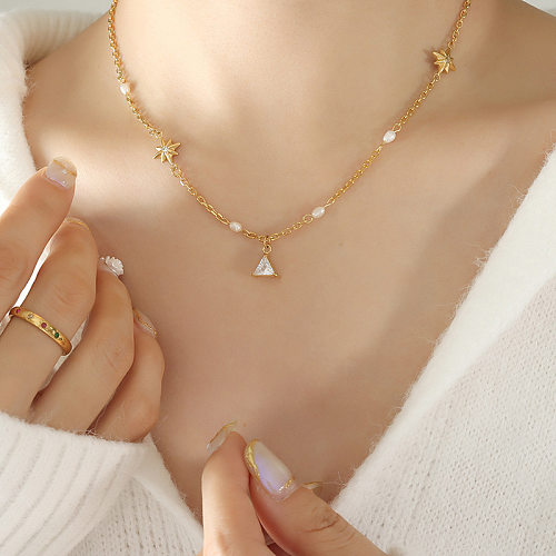 1 Piece Simple Style Triangle Stainless Steel Inlay Zircon Pendant Necklace
