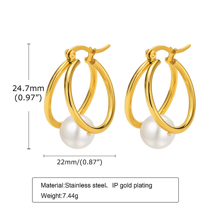 1 par de elegantes pendientes chapados en oro de 18 quilates con incrustaciones circulares de acero inoxidable y perlas de estilo francés