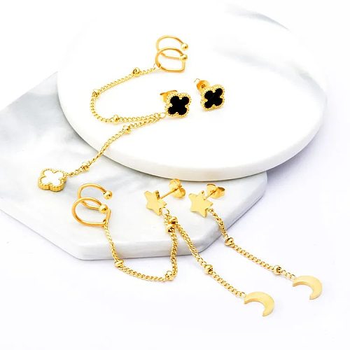 Retro Four Leaf Clover Star Heart Shape Stainless Steel Asymmetrical Plating Ear Clips 1 Pair