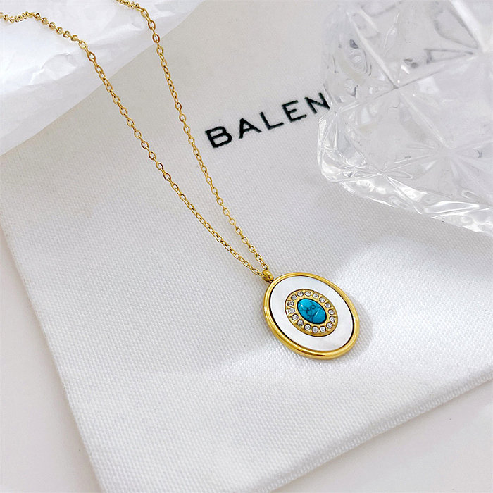 Retro Oval Stainless Steel  Plating Inlay Turquoise Diamond White Gold Plated Gold Plated Pendant Necklace