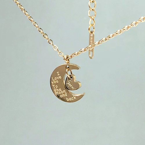 Collier pendentif plaqué or ajouré en acier inoxydable en forme de cœur et de lune de Style Simple