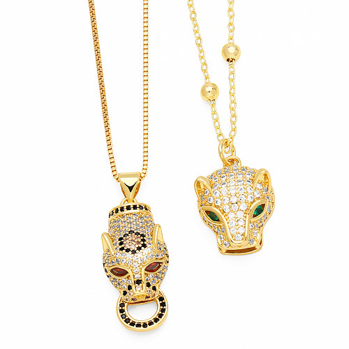 Hip-Hop Leopard Head Stainless Steel  Copper Inlay Zircon 18K Gold Plated Pendant Necklace