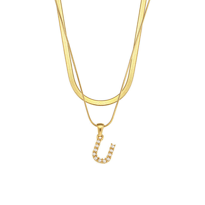Collier en acier inoxydable avec lettres pour femme, placage de perles artificielles, colliers en acier inoxydable