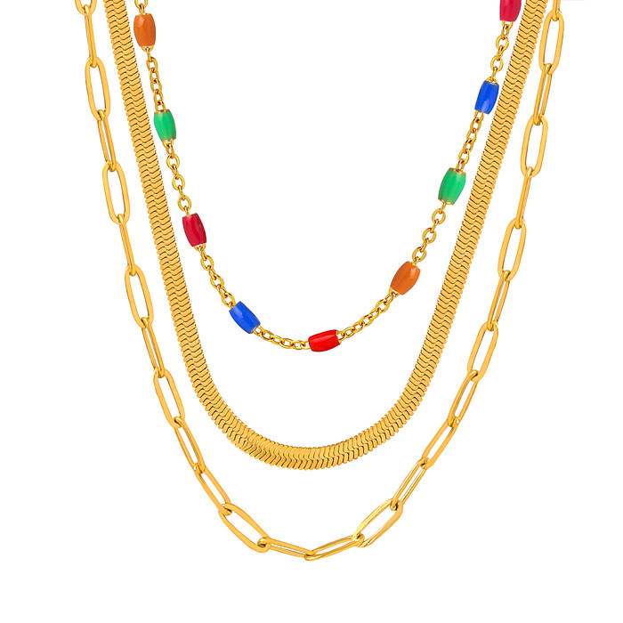 Lässige, hawaiianische, tropische, farbenfrohe, dreilagige Halskette aus Edelstahl mit Emaille-Beschichtung und 18-Karat-Vergoldung