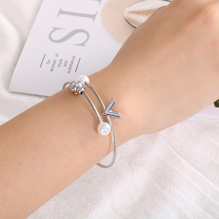 Korean Bracelet Jewelry New Fashion V Letter Pearl Stainless Steel Bracelet