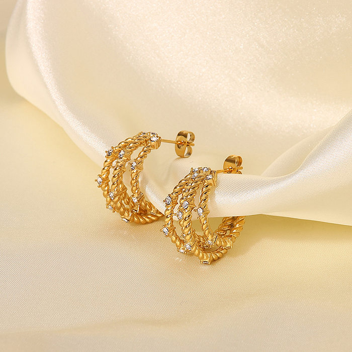 Fashion Gold Zircon C-Shaped Stainless Steel  Hollow Plating Earrings