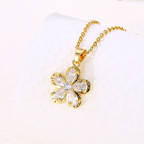 Elegant Flower Stainless Steel  Plating Hollow Out Inlay Zircon 18K Gold Plated Pendant Necklace