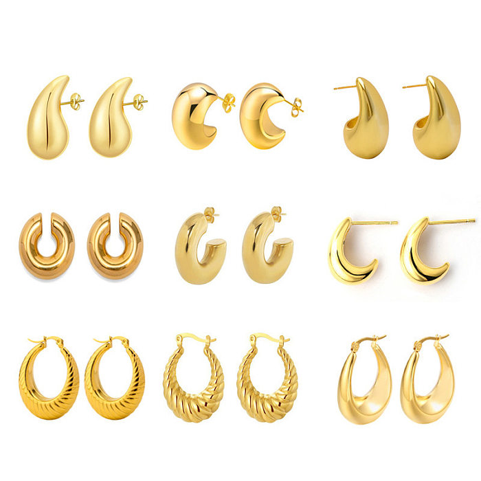 1 Paar Retro-Ohrringe im französischen Stil, C-Form, U-Form, Wassertropfen-Beschichtung, Edelstahl, 18 Karat vergoldet
