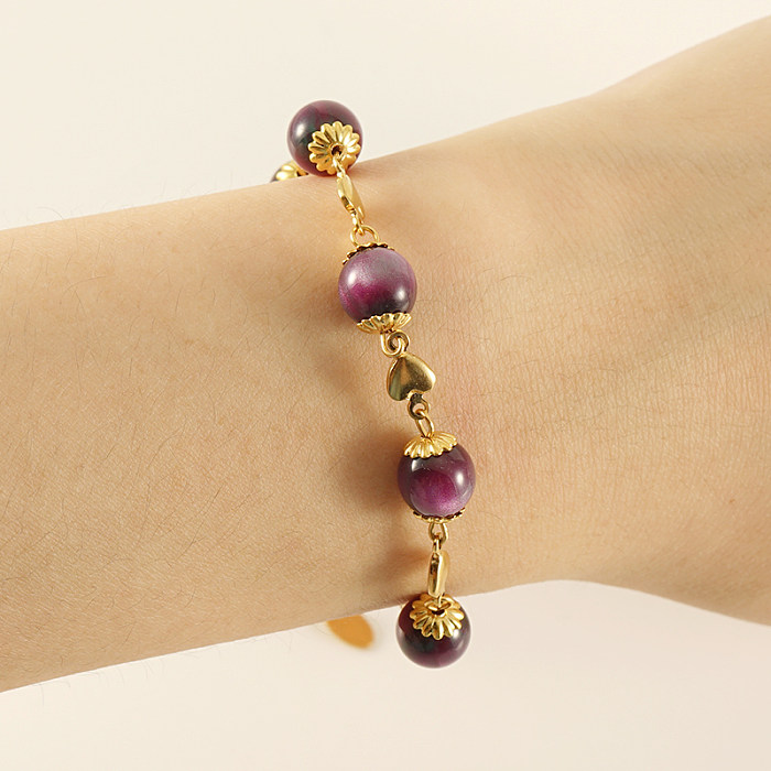 Bracelets plaqués or 18 carats avec perles rondes rétro en acier inoxydable