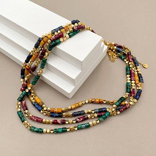 Schlichter Stil, mehrfarbige Halskette mit Naturstein-Perlenbeschichtung aus Edelstahl, 1 Stück
