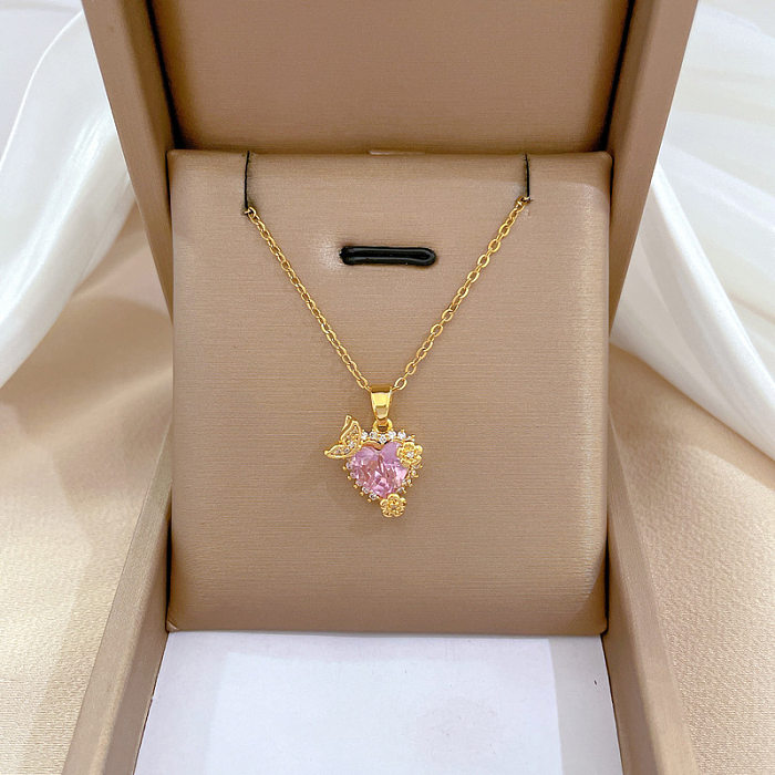 Classic Style Heart Shape Stainless Steel Brass Inlay Artificial Gemstones Pendant Necklace