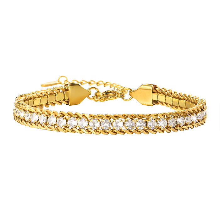 Estilo francês estilo moderno cor sólida chapeamento de aço inoxidável incrustação zircão pulseiras banhadas a ouro 18K